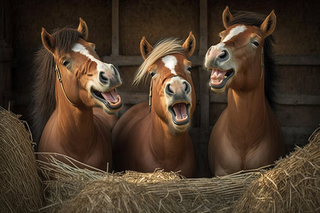 three young horses playing and laughing in field of hay, created with generative aiの素材