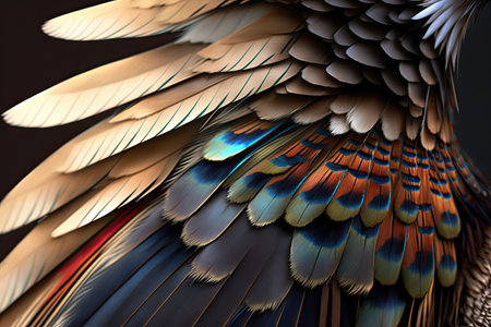 close-up of griffins feathers, intricate patterns and colors visible, created with generative aiの素材