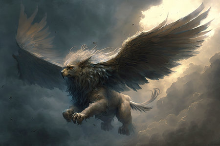 winged griffin soaring through the clouds, its powerful wings carrying it to new heights, created with generative aiの素材