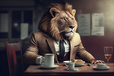 lion businessman, sitting at the table of restaurant, enjoying delicious meal, created with generative aiの素材