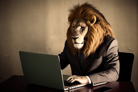lion businessman in suit, typing on laptop and making important business deals, created with generative aiの素材