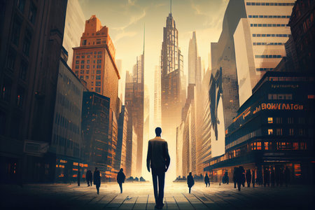 businessman walking down busy street, with view of towering skyscrapers and bustling city in the background, created with generative aiの素材
