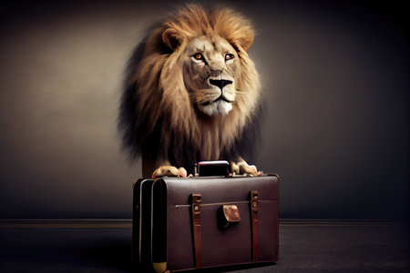 lion businessman, with briefcase in paw, making important business deal, created with generative aiの素材