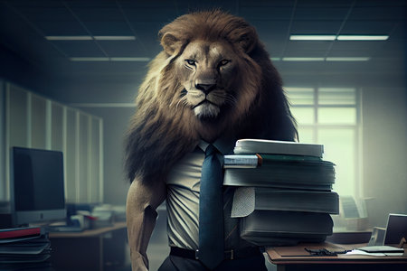 lion businessman, holding stack of documents and briefcase, in modern office environment, created with generative aiの素材