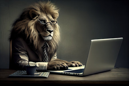 lion in business suit, sitting at desk and working on laptop, created with generative aiの素材