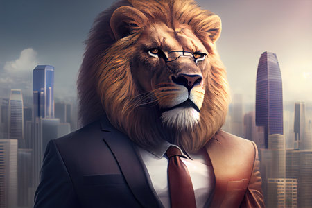 close-up of lion businessman, with view of city skyline in the background, created with generative aiの素材
