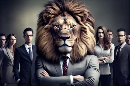 lion businessman, surrounded by team of employees and customers, promoting new business venture, created with generative aiの素材