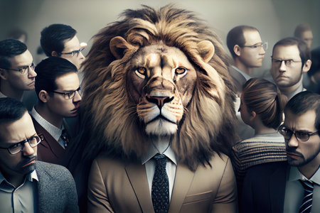 lion businessman, surrounded by team of employees and customers, promoting new business venture, created with generative aiの素材