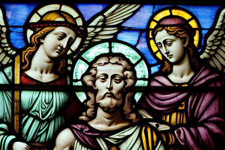 close-up of stained glass window, depicting the holy trinity, created with generative aiの素材