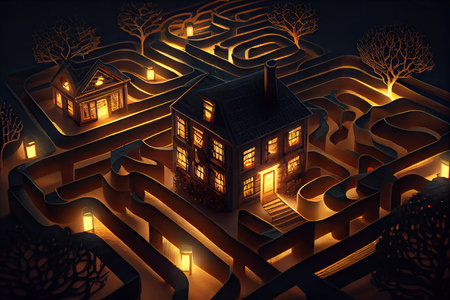 a maze of house lights, illuminating the way in the dark, created with generative aiの素材
