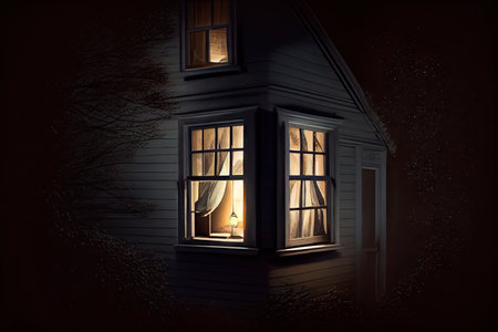 single light, shining brightly from a second-story window, bringing warmth and comfort to the house at night, created with generative aiの素材