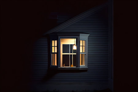 single light, shining brightly from a second-story window, bringing warmth and comfort to the house at night, created with generative aiの素材