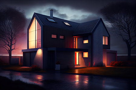 house, with exterior lighting and security system, providing safety and comfort, created with generative aiの素材