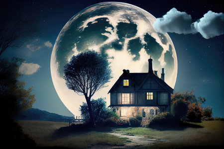 full moon hanging in the night sky, with view of peaceful house and garden, created with generative aiの素材