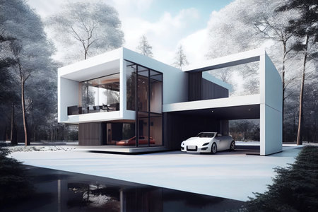 modern house with minimalist exterior, surrounded by sleek and modern furniture inside, created with generative aiの素材