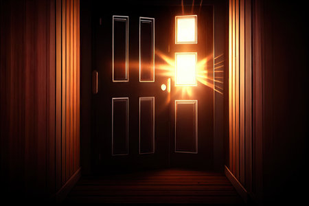 close-up of door, with lights from inside the house shining through, created with generative aiの素材