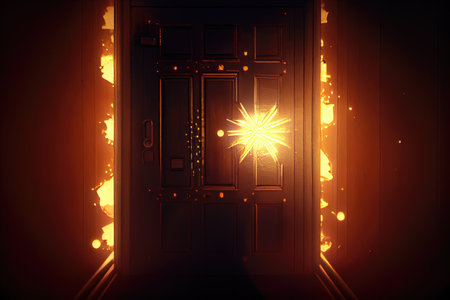 close-up of door, with lights from inside the house shining through, created with generative aiの素材