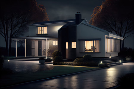 classic home, with modern interior design and clean lines, at night, created with generative aiの素材