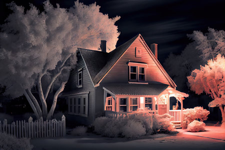 simulated infrared image of house at night, with warm and cozy interior visible, created with generative aiの素材