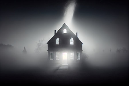 house surrounded by fog, with porch light shining through the mist, created with generative aiの素材