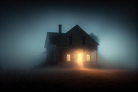 house surrounded by fog, with porch light shining through the mist, created with generative aiの素材