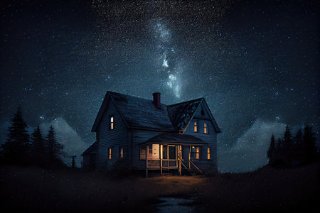 house, with view of the starry sky, during night time, created with generative aiの素材