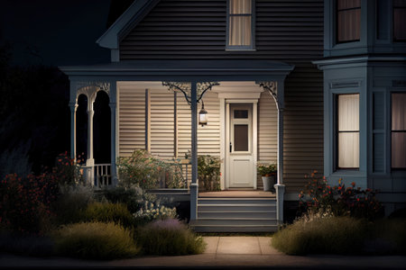 house at night, with candlelight flickering in the windows, creating a warm and inviting atmosphere, created with generative aiの素材