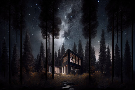 house, with view of the night sky and stars, surrounded by trees, created with generative aiの素材