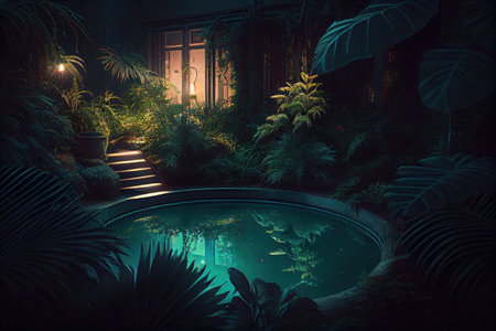 pool and hot tub surrounded by lush greenery in the night, created with generative aiの素材