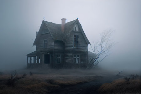 house, shrouded in fog and mist, surrounded by eerie silence, created with generative aiの素材