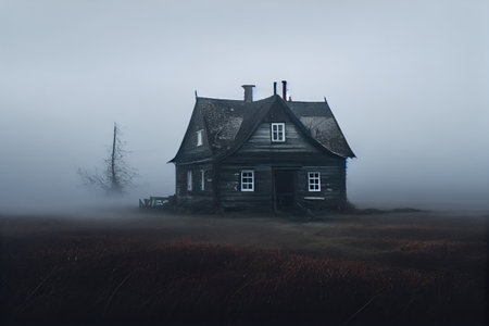 house, shrouded in fog and mist, surrounded by eerie silence, created with generative aiの素材