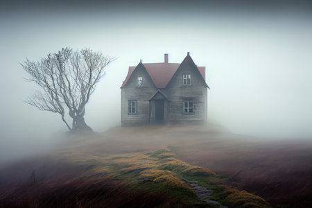 house, shrouded in fog and mist, surrounded by eerie silence, created with generative aiの素材