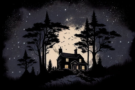 house, surrounded by moonlight and stars, with silhouetted trees in the background, created with generative aiの素材