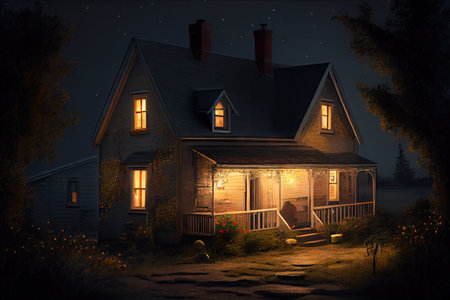 house at night, with lights on and windows shining, giving warm and welcoming feeling, created with generative aiの素材