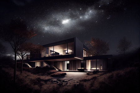 panoramic view of modern house surrounded by blackness of the night sky, with bright stars shining above, created with generative aiの素材