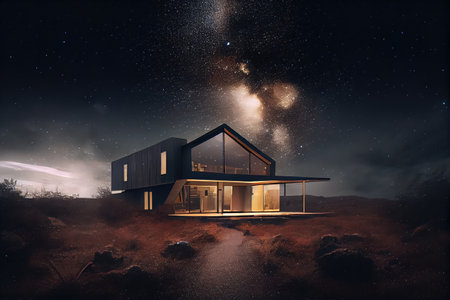 panoramic view of modern house surrounded by blackness of the night sky, with bright stars shining above, created with generative aiの素材