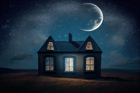 house, with view of the starry night sky and moon visible through the windows, created with generative aiの素材