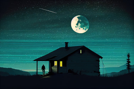 house, with moon shining in the night sky, and silhouette of person standing on the porch, created with generative aiの素材