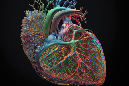 close-up of human heart, with intricate details and colors visible, created with generative aiの素材