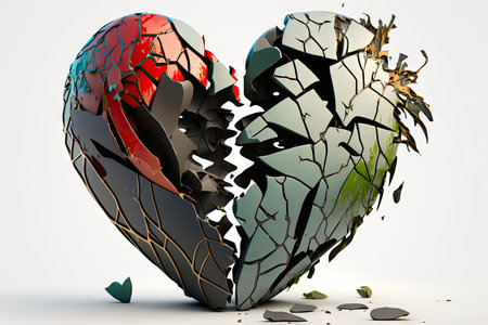 heart breaking in half, with the broken pieces scattered on a white background, created with generative aiの素材