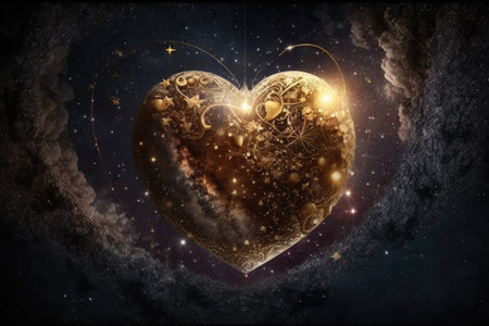 a heart, suspended in the night sky, with stars and planets visible, created with generative aiの素材