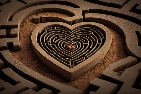 heart-shaped labyrinth, with a heart at the center, representing the journey of life, created with generative aiの素材