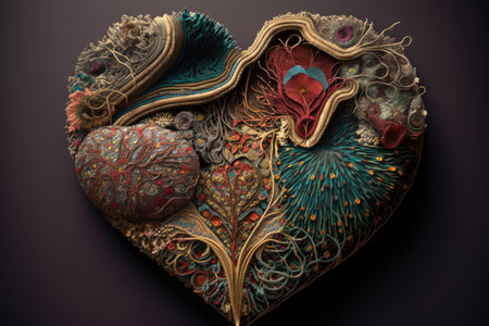 heart made of textiles and threads, with intricate embroidery, created with generative aiの素材