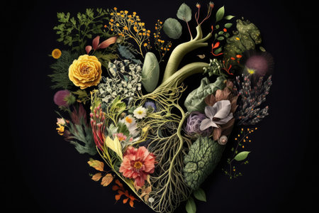 heart surrounded by flowers and other natural elements, created with generative aiの素材