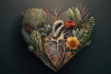 heart surrounded by flowers and other natural elements, created with generative aiの素材