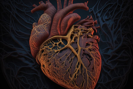 close-up of human heart, with intricate and delicate veins in full view, created with generative aiの素材