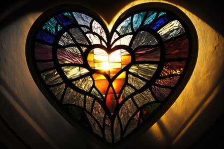 heart-shaped stained glass window, with the sun shining through, created with generative aiの素材