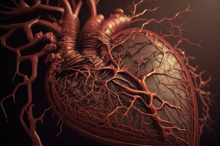 close-up of beating heart, with intricate veins and arteries visible, created with generative aiの素材