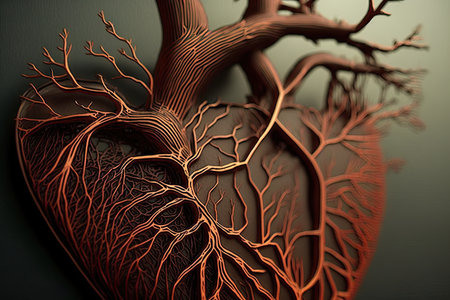 close-up of beating heart, with intricate veins and arteries visible, created with generative aiの素材