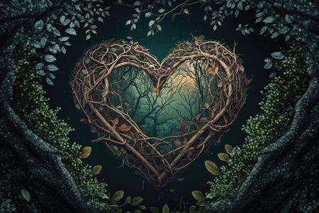 humheart, surrounded by branches and leaves, in nature themed setting, created with generative aiの素材